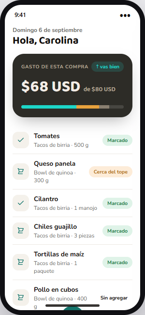 La pantalla Hoy de ClipChef AI: gasto de la compra, semáforo de presupuesto y lista organizada por pasillos